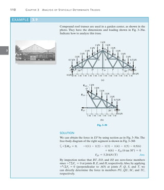 110	 Chapter 3  Analysis of Statically Determinate Trusses
3
EXAMPLE 3.9
Compound roof trusses are used in a garden center, as shown in the
photo. They have the dimensions and loading shown in Fig. 3–30a.
Indicate how to analyze this truss.
 
    
1 kN
30
a
a 30
O
P
R
S
T
Q
1 kN
N
1 kN
M
1 kN
L
1 kN
K
1 kN
J
I
H
G
F
E
D
U V
C
B
A
6 kN
6 kN 1 m
1 m
1 m
1 m 1 m 1 m
1 m
1 m
1 m
1 m 1 m 1 m
(a)
0.5 kN
0.5 kN
1 kN
1 kN
1 kN
1 kN
1 kN
O
30
1 kN
1 kN
1 kN
1 kN
1 kN
6 kN
1 m
1 m
1 m 1 m 1 m
1 m
(b)
0.5 kN
FOV
FEF
FON
SOLUTION
We can obtain the force in EF by using section aa in Fig. 3–30a. The
free-body diagram of the right segment is shown in Fig. 3–30b
a+MO = 0;  -1(1) - 1(2) - 1(3) - 1(4) - 1(5) - 0.5(6)
              
+ 6(6) - FEF (6 tan 30) = 0
FEF = 5.20 kN (T) Ans.
By inspection notice that BT, EO, and HJ are zero-force members
since + cFy = 0 at joints B, E, and H, respectively.Also, by ­
applying
+aFy = 0 (perpendicular to AO) at joints P, Q, S, and T, we
can directly determine the force in members PU, QU, SC, and TC,
­respectively.
Fig. 3–30
 