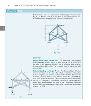 114	 Chapter 3  Analysis of Statically Determinate Trusses
3
Determine the force in each member of the complex truss shown in
Fig. 3–33a.  Assume joints B, F, and D are on the same horizontal line.
State whether the members are in tension or compression.
3 ft
4 ft
45° 45°
C
D
F
B
A E
5 k
8 ft
(a)
Fig. 3–33
SOLUTION
Reduction to Stable Simple Truss.  By inspection, each joint has
three unknown member forces. A joint analysis can be performed
by hand if, for example, member CF is removed and member
DB substituted, Fig. 3–33b. The resulting truss is stable and will
not collapse.
External Loading on Simple Truss.  As shown in Fig. 3–33b, the
support reactions on the truss have been determined. Using the
­
method of joints, we can first analyze joint C to find the forces in
members CB and CD; then joint F, where it is seen that FA and FE are
­
zero-force members; then joint E to determine the forces in members
EB and ED; then joint D to determine the forces in DA and DB; then
finally joint B to determine the force in BA. Considering tension as
positive and compression as negative, these Si
=
forces are recorded in
column 2 of Table 1.
45 45
C
D
F
B
A
E
5 k
(b)
5 k
4.375 k 4.375 k
EXAMPLE 3.11
 