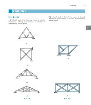 3
Problems
Sec. 3.1–3.2
3–1.  Classify each of the following trusses as statically
determinate, statically indeterminate, or unstable. If
indeterminate, state its degree.
(a)
(b)
(c)
(d)
Prob. 3–1
3–2.  Classify each of the following trusses as statically
determinate, indeterminate, or unstable. If indeterminate,
state its degree.
(a)
(b)
Prob. 3–2
	Problems	 125
 