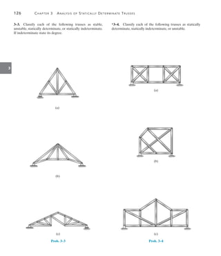 126	 Chapter 3  Analysis of Statically Determinate Trusses
3
*3–4.  Classify each of the following trusses as statically
determinate, statically indeterminate, or unstable.
(a)
(b)
(c)
Prob. 3–4
3–3.  Classify each of the following trusses as stable,
unstable, statically determinate, or statically indeterminate.
If indeterminate state its degree.
(a)
(b)
(c)
Prob. 3–3
 