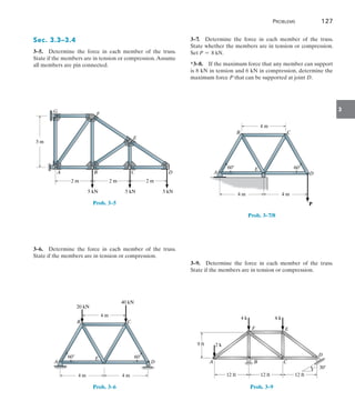 Problems	 127
3
Sec. 3.3–3.4
3–5.  Determine the force in each member of the truss.
State if the members are in tension or compression.Assume
all members are pin connected.
A
G F
E
B C D
3 m
2 m
2 m
2 m
5 kN 5 kN 5 kN
Prob. 3–5
3–6.  Determine the force in each member of the truss.
State if the members are in tension or compression.
60
60
4 m 4 m
B
E
D
C
A
4 m
40 kN
20 kN
Prob. 3–6
3–7.  Determine the force in each member of the truss.
State whether the members are in tension or compression.
Set P = 8 kN.
*3–8.  If the maximum force that any member can support
is 8 kN in tension and 6 kN in compression, determine the
maximum force P that can be supported at joint D.
60
60
4 m 4 m
B
E
D
C
A
4 m
P
Prob. 3–7/8
3–9.  Determine the force in each member of the truss.
State if the members are in tension or compression.
A B C
F E
D
9 ft
12 ft 12 ft 12 ft
30
2 k
4 k 4 k
Prob. 3–9
 