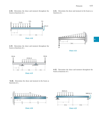 Problems	 177
4
4–18.  Determine the shear and moment throughout the
beam as functions of x.
6 ft 4 ft
2 k/ft
8 k
x
10 k
40 kft
Prob. 4–18
4–19.  Determine the shear and moment throughout the
beam as functions of x.
A B
x
4 ft 4 ft
150 lb/ft
6 ft
250 lb
250 lb
Prob. 4–19
*4–20.  Determine the shear and moment in the beam as
functions of x.
x
B
A
w0
L
__
2
L
__
2
Prob. 4–20
4–21.  Determine the shear and moment in the beam as a
function of x.
A
P
x
w
B
30 ft
Prob. 4–21
4–22.  Determine the shear and moment throughout the
beam as functions of x.
x
10 ft
3000 lbft
10 ft
A B
200 lb/ft
Prob. 4–22
 