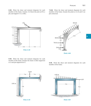 Problems	 181
4
4–42.  Draw the shear and moment diagrams for each
member of the frame. Assume A is fixed, the joint at B is a
pin, and support C is a roller.
B
A
C
0.5 k/ft
20 k
8 ft
6 ft 6 ft
3
4
5
Prob. 4–42
4–43.  Draw the shear and moment diagrams for each
member of the frame.Assume the frame is roller supported
at A and pin supported at C.
A
B C
3 m 3 m
4 m
3 kN/m
24 kN
Prob. 4–43
*4–44.  Draw the shear and moment diagrams for each
member of the frame. Assume the joints at A, B, and C are
pin connected.
500 lb
750 lb
250 lb
4 ft
4 ft
2 ft
2 ft
B
A
C
12 ft
30
80 lb/ft
Prob. 4–44
4–45.  Draw the shear and moment diagrams for each
member of the frame.
6 kN/m
6 m
4 m
D
A
B C
6 kN
Prob. 4–45
 