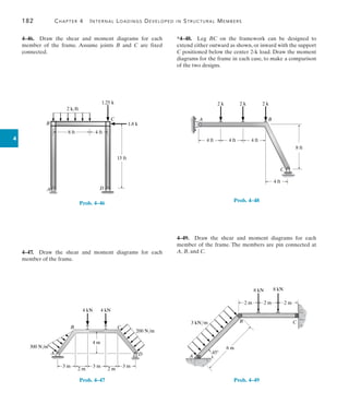 182	 Chapter 4   Internal Loadings Developed in Structural Members
4
4–46.  Draw the shear and moment diagrams for each
member of the frame. Assume joints B and C are fixed
connected.
1.25 k
1.8 k
2 k/ft
8 ft
15 ft
4 ft
A
B
C
D
Prob. 4–46
4–47.  Draw the shear and moment diagrams for each
member of the frame.
4 kN 4 kN
4 m
300 N/m
200 N/m
3 m 3 m 3 m
2 m 2 m
A
B C
D
Prob. 4–47
*4–48. Leg BC on the framework can be designed to
extend either outward as shown, or inward with the support
C positioned below the center 2-k load. Draw the moment
diagrams for the frame in each case, to make a comparison
of the two designs.
4 ft 4 ft
2 k
4 ft
8 ft
4 ft
A B
C
2 k 2 k
Prob. 4–48
4–49.  Draw the shear and moment diagrams for each
member of the frame. The members are pin connected at
A, B, and C.
45
A
B C
8 kN 8 kN
3 kN/m
2 m 2 m
2 m
6 m
Prob. 4–49
 