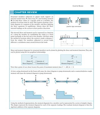 Chapter Review	 185
4
Chapter Review
Structural members subjected to planar loads support an
internal normal force N, shear force V, and bending moment
M. To find these values at a specific point in a member, the
method of sections must be used. This requires drawing a free-
body diagram of a segment of the member, and then applying
the three equations of equilibrium. Always show the three
internal loadings on the section in their positive directions.
The internal shear and moment can be expressed as a function
of x along the member by establishing the origin at a fixed
point (normally at the left end of the member, and then using
the method of sections, where the section is made a distance x
from the origin). For members subjected to several loads,
different x coordinates must extend between the loads.
P
w
x1
x2
x3
M
N
V
N
V
M
positive sign convention
MR
P
VR
ML ML
VL
VL
V M
VR
x x
MR
M¿
ML
MR
M¿
P
Using the method of superposition, the moment diagrams for a member can be represented by a series of simpler shapes.
The shapes represent the moment diagram for each of the separate loadings. The resultant moment diagram is then the
algebraic addition of the separate diagrams.
Shear and moment diagrams for structural members can be drawn by plotting the shear and moment functions.They also
can be plotted using the two graphical relationships.
	
dV
dx
= w	
dM
dx
= V
	
Slope of
Shear Diagram
f = e
Intensity of
Distributed Load
	
Slope of
Moment Diagram
f = eShear
Note that a point of zero shear locates the point of maximum moment since V = dMdx = 0.
A force acting downward on the beam will cause the shear diagram to jump downwards, and a counterclockwise couple
moment will cause the moment diagram to jump downwards.
 