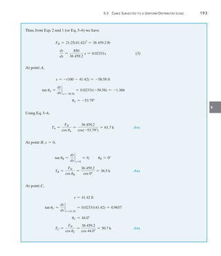 5.3  Cable Subjected to a Uniform Distributed Load	 193
5
Thus, from Eqs. 2 and 1 (or Eq. 5–6) we have
FH = 21.25(41.42)2
= 36 459.2 lb
	
dy
dx
=
850
36 459.2
x = 0.02331x(3)
At point A,
x = -(100 - 41.42) = -58.58 ft
tan uA =
dy
dx
`
x= -58.58
= 0.02331(-58.58) = -1.366
uA = -53.79
Using Eq. 5–4,
	 TA =
FH
cos uA
=
36 459.2
cos(-53.79)
= 61.7 k Ans.
At point B, x = 0,
tan uB =
dy
dx
`
x=0
= 0, uB = 0
	 TB =
FH
cos uB
=
36 459.2
cos 0
= 36.5 k Ans.
At point C,
   x = 41.42 ft
tan uC =
dy
dx
`
x=41.42
= 0.02331(41.42) = 0.9657
uC = 44.0
	 TC =
FH
cos uC
=
36 459.2
cos 44.0
= 50.7 k Ans.
 