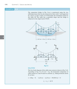 194	 Chapter 5   Cables and Arches
5
The suspension bridge in Fig. 5–6a is constructed using the two
stiffening trusses that are pin connected at their ends C and supported
by a pin at A and a rocker at B. Determine the maximum tension in
the cable IH. The cable has a parabolic shape and the bridge is
subjected to the single load of 50 kN.
EXAMPLE 5.3
50 kN
A
D
F G C
B
E
4 @ 3 m  12 m 4 @ 3 m  12 m
8 m
6 m
(a)
I H
SOLUTION
The free-body diagram of the cable-truss system is shown in Fig. 5–6b.
According to Eq. 5–4 (T cos u = FH), the horizontal component of
cable tension at I and H must be constant, FH. Taking moments about
B, we have
a+MB = 0;  -Iy(24 m) - Ay(24 m) + 50 kN(9 m) = 0
Iy + Ay = 18.75
50 kN
24 m
(b)
Ay By
9 m
FH FH
Iy
Hy
Ax
B
Fig. 5–6
 