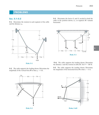 5
5–3.  Determine the forces P1 and P2 needed to hold the
cable in the position shown, i.e., so segment BC remains
horizontal.
A
P1 P2
8 kN
2 m
3 m
B C
D
E
4 m
4 m 5 m
1.5 m
Prob. 5–3
*5–4.  The cable supports the loading shown. Determine
the distance x and the tension in cable BC. Set P = 100 lb.
5–5.  The cable supports the loading shown. Determine
the magnitude of the horizontal force P so that x = 6 ft.
5 ft
2 ft
2 ft
P
D
400 lb
C
B
A
x
8 ft
Probs. 5–4/5
Sec. 5.1–5.2
5–1.  Determine the tension in each segment of the cable
and the distance yD.
7 m
B
A
D
C
4 m 5 m 3 m
2 kN
4 kN
yD
2 m
Prob. 5–1
5–2.  The cable supports the loading shown. Determine the
magnitude of the vertical force P so that yC = 6 ft.
5 ft
2 ft
3 ft
3 k
D
C
B
A
yC
5
4
3
8 ft
P
Prob. 5–2
Problems
	Problems	 203
 
