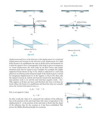 6.3  Qualitative Influence Lines	 223
6
displacement and force in the direction of the displacement or a rotational
displacement and moment in the direction of the displacement. If a rigid
body (beam) is in equilibrium, the sum of all the forces and moments on
it must be equal to zero. Consequently, if the body is given an imaginary
or virtual displacement, the work done by all these forces and couple
moments must also be equal to zero. Consider, for example, the simply
supported beam shown in Fig. 6–15a, which is subjected to a unit load
placed at an arbitrary point along its length. If the beam is given a virtual
(or imaginary) displacement dy at the support A, Fig. 6–15b, then only
the support reaction Ay and the unit load do virtual work. Specifically, Ay
does positive work Ay dy and the unit load does negative work, -1dy.
(The support at B does not move and therefore the force at B does no
work.) Since the beam is in equilibrium and therefore does not actually
move, the virtual work sums to zero, i.e.,
Ay dy - 1 dy = 0
If dy is set equal to 1, then
Ay = dy
In other words, the value of Ay represents the ordinate of the influence
line at the position of the unit load. Since this value is equivalent to the
displacement dy at the position of the unit load, it shows that the shape
of the influence line for the reaction at A has been established. This
proves the Müller-Breslau principle for reactions.
C
(a)
Fig. 6–13
C
VC
VC
deflected shape
(b)
VC
x
influence line for VC
(c)
C
(a)
MC
influence line for MC
(c)
x
deflected shape
C
MC MC
(b)
Fig. 6–14
B
C
1
A
(a)
Fig. 6–15
C
1
A
B
(b)
Ay
dy dy¿
 