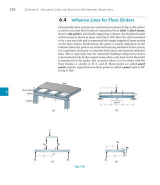 230	 Chapter 6   Influence Lines for Statically Determinate Structures
6
6.4  Influence Lines for Floor Girders
Occasionally, floor systems are constructed as shown in Fig. 6–20a, where
it can be seen that floor loads are transmitted from slabs to floor beams,
then to side girders, and finally supporting columns. An idealized model
of this system is shown in plane view, Fig. 6–20b. Here the slab is assumed
to be a one-way slab and is segmented into simply supported spans resting
on the floor beams. Furthermore, the girder is simply supported on the
columns. Since the girders are main load-carrying members in this system,
it is sometimes necessary to construct their shear and moment influence
lines. This is especially true for industrial buildings subjected to heavy
concentrated loads. In this regard, notice that a unit load on the floor slab
is transferred to the girder only at points where it is in contact with the
floor beams, i.e., points A, B, C, and D. These points are called panel
points, and the region between these points is called a panel, such as BC
in Fig. 6–20b.
slab
floor beam
girder
column
A
B
C
D
(a)
P
A
B C
D
x
s
s
s
panel
(b)
1
P
1
d
(c)
FB FC
B C
F1 F2
d
F1
P
s
FB
MP
VP
(d)
Fig. 6–20
 