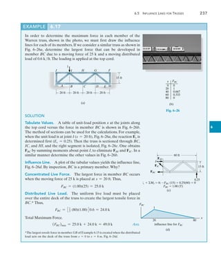 6.5  Influence Lines for Trusses	 237
6
In order to determine the maximum force in each member of the
Warren truss, shown in the photo, we must first draw the influence
lines for each of its members. If we consider a similar truss as shown in
Fig. 6–26a, determine the largest force that can be developed in
member BC due to a moving force of 25 k and a moving distributed
load of 0.6 kft.The loading is applied at the top cord.
EXAMPLE 6.17
Fig. 6–26
A
20 ft 20 ft 20 ft 20 ft
(a)
B C D E
H G
J F
15 ft
1
I
(b)
x FBC
0
20
40
60
80
0
1
0.667
0.333
0
SOLUTION
Tabulate Values.  A table of unit-load position x at the joints along
the top cord versus the force in member BC is shown in Fig. 6–26b.
The method of sections can be used for the calculations. For example,
when the unit load is at joint I (x = 20 ft), Fig. 6–26a, the reaction Ey is
determined first (Ev = 0.25). Then the truss is sectioned through BC,
IC, and HI, and the right segment is isolated, Fig. 6–26c. One obtains
FBC by summing moments about point I, to eliminate FHI and FIC. In a
similar manner determine the other values in Fig. 6–26b.
Influence Line.  A plot of the tabular values yields the influence line,
Fig. 6–26d. By inspection, BC is a primary member.Why?
Concentrated Live Force.  The largest force in member BC occurs
when the moving force of 25 k is placed at x = 20 ft. Thus,
FBC = (1.00)(25) = 25.0 k
Distributed Live Load.  The uniform live load must be placed
over the entire deck of the truss to create the largest tensile force in
BC.* Thus,
FBC = 31
2 (80)(1.00)40.6 = 24.0 k
Total Maximum Force.
	 (FBC)max = 25.0 k + 24.0 k = 49.0 k	 Ans.
0.25
 MI  0; FBC (15)  0.25(60)  0
FBC  1.00 (T)
FHI
FIC
FBC
60 ft
(c)
15 ft
I
FBC
20
x
80
1
influence line for FBC
(d)
*The largest tensile force in member GB of Example 6.15 is created when the distributed
load acts on the deck of the truss from x = 0 to x = 8 m, Fig. 6–24d.
 