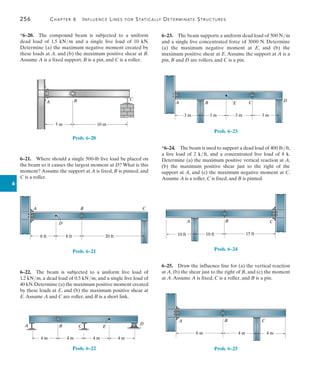 256	 Chapter 6   Influence Lines for Statically Determinate Structures
6
6–23.  The beam supports a uniform dead load of 500 Nm
and a single live concentrated force of 3000 N. Determine
(a) the maximum negative moment at E, and (b) the
maximum positive shear at E. Assume the support at A is a
pin, B and D are rollers, and C is a pin.
D
E
A B C
3 m 3 m 3 m 3 m
Prob. 6–23
*6–24.  The beam is used to support a dead load of 400 lbft,
a live load of 2 kft, and a concentrated live load of 8 k.
Determine (a) the maximum positive vertical reaction at A,
(b) the maximum positive shear just to the right of the
support at A, and (c) the maximum negative moment at C.
Assume A is a roller, C is fixed, and B is pinned.
A B C
15 ft
10 ft
10 ft
Prob. 6–24
6–25.  Draw the influence line for (a) the vertical reaction
at A, (b) the shear just to the right of B, and (c) the moment
at A.Assume A is fixed, C is a roller, and B is a pin.
A B C
6 m 4 m 4 m
Prob. 6–25
*6–20.  The compound beam is subjected to a uniform
dead load of 1.5 kNm and a single live load of 10 kN.
Determine (a) the maximum negative moment created by
these loads at A, and (b) the maximum positive shear at B.
Assume A is a fixed support, B is a pin, and C is a roller.
A B C
5 m 10 m
Prob. 6–20
6–21.  Where should a single 500-lb live load be placed on
the beam so it causes the largest moment at D? What is this
moment? Assume the support at A is fixed, B is pinned, and
C is a roller.
D
A B C
8 ft 8 ft 20 ft
Prob. 6–21
6–22.  The beam is subjected to a uniform live load of
1.2 kNm, a dead load of 0.5 kNm, and a single live load of
40 kN.Determine (a) the maximum positive moment created
by these loads at E, and (b) the maximum positive shear at
E.Assume A and C are roller, and B is a short link.
4 m 4 m 4 m 4 m
E
B C
D
A
Prob. 6–22
 