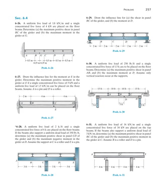 Problems	 257
6
6–29.  Draw the influence line for (a) the shear in panel
BC of the girder, and (b) the moment at D.
B
A C D E F
2 m
2 m
2 m
2 m
2 m
Prob. 6–29
6–30.  A uniform live load of 250 lbft and a single
concentrated live force of 1.5 k are to be placed on the floor
beams. Determine (a) the maximum positive shear in panel
AB, and (b) the maximum moment at D. Assume only
vertical reaction occur at the supports.
15 ft
5 ft
10 ft 10 ft 15 ft
A
E
G D H
B F
C
5 ft 5 ft
Prob. 6–30
6–31.  A uniform live load of 16 kNm and a single
concentrated live force of 34 kN are placed on the top
beams. If the beams also support a uniform dead load of
3 kNm, determine (a) the maximum positive shear in panel
BC of the girder and (b) the maximum positive moment in
the girder at C.Assume B is a roller and D is a pin.
B
C
D
A E
4 m 4 m 4 m 4 m
Prob. 6–31
Sec. 6.4
6–26.  A uniform live load of 1.8 kNm and a single
concentrated live force of 4 kN are placed on the floor
beams. Determine (a) the maximum positive shear in panel
BC of the girder and (b) the maximum moment in the
girder at G.
A
0.5 m
0.25 m 0.25 m
0.5 m 0.5 m 0.5 m
B C
G D E F
Prob. 6–26
6–27.  Draw the influence line for the moment at E in the
girder. Determine the maximum positive moment in the
girder at E if a single concentrated live force of 5 kN and a
uniform live load of 1.5 kNm can be placed on the floor
beams.Assume A is a pin and D is a roller.
C D
E
B
A
2 m 4 m
4 m
Prob. 6–27
*6–28.  A uniform live load of 2 kft and a single
concentrated live force of 6 k are placed on the floor beams.
If the beams also support a uniform dead load of 350 lbft,
determine (a) the maximum positive shear in panel CD of
the girder and (b) the maximum negative moment in the
girder at D.Assume the support at C is a roller and E is a pin.
D E
C
A
B
3 ft 3 ft 3 ft 3 ft
Prob. 6–28
 
