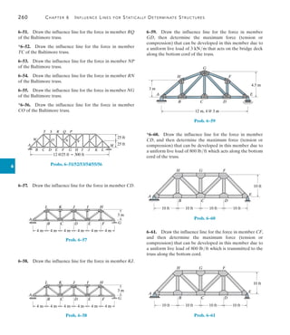 260	 Chapter 6   Influence Lines for Statically Determinate Structures
6
6–59.  Draw the influence line for the force in member
GD, then determine the maximum force (tension or
compression) that can be developed in this member due to
a uniform live load of 3 kNm that acts on the bridge deck
along the bottom cord of the truss.
B C D
E
A
F
H
G
4.5 m
3 m
12 m, 4 @ 3 m
Prob. 6–59
*6–60.  Draw the influence line for the force in member
CD, and then determine the maximum force (tension or
compression) that can be developed in this member due to
a uniform live load of 800 lbft which acts along the bottom
cord of the truss.
A E
B
H
C
C
G
D
F
10 ft 10 ft 10 ft 10 ft
10 ft
Prob. 6–60
6–61.  Draw the influence line for the force in member CF,
and then determine the maximum force (tension or
compression) that can be developed in this member due to
a uniform live load of 800 lbft which is transmitted to the
truss along the bottom cord.
A E
B
H
C
C
G
D
F
10 ft 10 ft 10 ft 10 ft
10 ft
Prob. 6–61
6–51.  Draw the influence line for the force in member RQ
of the Baltimore truss.
*6–52.  Draw the influence line for the force in member
TC of the Baltimore truss.
6–53.  Draw the influence line for the force in member NP
of the Baltimore truss.
6–54.  Draw the influence line for the force in member RN
of the Baltimore truss.
6–55.  Draw the influence line for the force in member NG
of the Baltimore truss.
*6–56.  Draw the influence line for the force in member
CO of the Baltimore truss.
A
B C D E F G H I
T
W
S R Q P
O N V
J K L
M
12 @25 ft  300 ft
25 ft
25 ft
Probs. 6–51/52/53/54/55/56
6–57.  Draw the influence line for the force in member CD.
L K J I H
G
F
E
D
C
B
A
4 m 4 m 4 m 4 m 4 m 4 m
3 m
Prob. 6–57
6–58.  Draw the influence line for the force in member KJ.
L K J I H
G
F
E
D
C
B
A
4 m 4 m 4 m 4 m 4 m 4 m
3 m
Prob. 6–58
 
