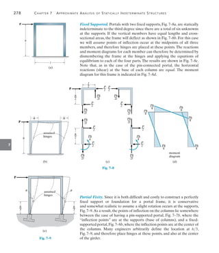 278	 Chapter 7  Approximate Analysis of Statically Indeterminate Structures
7
Fixed Supported. Portals with two fixed supports, Fig. 7–8a, are statically
indeterminate to the third degree since there are a total of six unknowns
at the supports. If the vertical members have equal lengths and cross-
sectional areas, the frame will deflect as shown in Fig. 7–8b. For this case
we will assume points of inflection occur at the midpoints of all three
members, and therefore hinges are placed at these points. The reactions
and moment diagrams for each member can therefore be determined by
dismembering the frame at the hinges and applying the  equations of
equilibrium to each of the four parts. The results are shown in Fig. 7–8c.
Note that, as in the case of the pin-connected portal, the horizontal
reactions (shear) at the base of each column are equal. The moment
diagram for this frame is indicated in Fig. 7–8d.
l
h
P
(a)
h
P
(b)
 
assumed
hinges
P
2
h
—
2l
Ph
—
2
P
—
2
l
—
2
P
—
2l
Ph
—
2
P
—
2l
Ph
—
2
P
—
2l
Ph
—
2l
Ph
— 2l
Ph
—
2
P
—
4
Ph
—
2
P
—
2l
Ph
—
4
Ph
—
2
P
—
2l
Ph
—
2
h
—
(c)
2
P
—
4
Ph
—
(d)
moment
diagram
4
Ph
—
4
Ph
—
4
Ph
—
4
Ph
—
4
Ph
—
Partial Fixity. Since it is both difficult and costly to construct a perfectly
fixed support or foundation for a portal frame, it is conservative
and somewhat realistic to assume a slight rotation occurs at the supports,
Fig. 7–9.As a result, the points of inflection on the columns lie somewhere
between the case of having a pin-supported portal, Fig. 7–7b, where the
“inflection points” are at the supports (base of columns), and a fixed-
supported portal,Fig.7–8b,where the inflection points are at the center of
the columns. Many engineers arbitrarily define the location at h3,
Fig. 7–9, and therefore place hinges at these points, and also at the center
of the girder.
P
(e)
assumed
hinges
3
h
—
3
h
—
u u
Fig. 7–9
Fig. 7–8
 