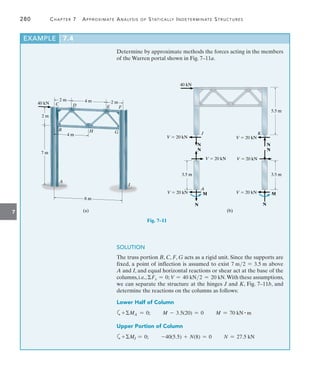 280	 Chapter 7  Approximate Analysis of Statically Indeterminate Structures
7
EXAMPLE 7.4
Determine by approximate methods the forces acting in the members
of the Warren portal shown in Fig. 7–11a.
(a)
8 m
4 m 2 m
2 m
2 m
7 m
4 m
C D E
B H
F
G
A
I
40 kN
Fig. 7–11
3.5 m
40 kN
V  20 kN
N
V  20 kN
J
A
K
N
M
N
V  20 kN
V  20 kN
N
N
V  20 kN
3.5 m
M
N
V  20 kN
5.5 m
(b)
SOLUTION
The truss portion B, C, F, G acts as a rigid unit. Since the supports are
fixed, a point of inflection is assumed to exist 7 m2 = 3.5 m above
A and I, and equal horizontal reactions or shear act at the base of the
columns,i.e., Fx = 0; V = 40 kN2 = 20 kN.With these assumptions,
we can separate the structure at the hinges J and K, Fig. 7–11b, and
determine the reactions on the columns as follows:
Lower Half of Column
a+MA = 0; M - 3.5(20) = 0 M = 70 kN # m
Upper Portion of Column
a+MJ = 0; -40(5.5) + N(8) = 0 N = 27.5 kN
 