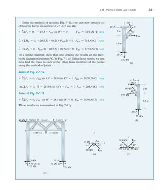 7.4 Portal Frames and Trusses	 281
7
Using the method of sections, Fig. 7–11c, we can now proceed to
obtain the forces in members CD, BD, and BH.
+ cFy = 0;	 -27.5 + FBD sin 45 = 0	 FBD = 38.9 kN (T)	Ans.
a+MB = 0;  -20(3.5) - 40(2) + FCD(2) = 0   FCD = 75 kN (C)	 Ans.
a+MD = 0;	 FBH(2) - 20(5.5) + 27.5(2) = 0 	 FBH = 27.5 kN (T)	Ans.
In a similar manner, show that one obtains the results on the free-
body diagram of column FGI in Fig. 7–11d. Using these results, we can
now find the force in each of the other truss members of the portal
using the method of joints.
Joint D, Fig. 7–11e
+ cFy = 0;  FDH sin 45 - 38.9 sin 45 = 0 FDH = 38.9 kN (C)	 Ans.
S
+ Fx = 0;  75 - 2(38.9 cos 45) - FDE = 0 FDE = 20 kN (C)	 Ans.
Joint H, Fig. 7–11f
+ cFy = 0;  FHE sin 45 - 38.9 sin 45 = 0 FHE = 38.9 kN (T)	 Ans.
These results are summarized in Fig. 7–11g.
40 kN
20 kN
2 m
3.5 m
27.5 kN
2 m
FCD
FBD
FBH
45
B
(c)
D
20 kN
2 m
3.5 m
27.5 kN
2 m
45
G
35 kN
E
38.9 kN
27.5 kN
(d)
FDE
FDH
45 45
75 kN
38.9 kN
y
x
D
(e)
FHE
45 45
27.5 kN
y
x
H
38.9 kN
27.5 kN
(f)
40 kN
20 kN
70 kNm
27.5 kN 27.5 kN
70 kNm
20 kN
C D E F
B
H
G
75 kN(C) 20 kN(C) 35 kN(T)
27.5 kN (T)
3
8
.
9
k
N
(
T
)
27.5 kN (C)
38.9 kN
(C) 38.9 kN
(T)
(g)
3
8
.
9
k
N
(
C
)
 