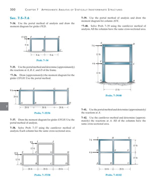 300	 Chapter 7  Approximate Analysis of Statically Indeterminate Structures
7
7–39.  Use the portal method of analysis and draw the
moment diagram for column AFE.
*7–40.  Solve Prob. 7–39 using the cantilever method of
analysis.All the columns have the same cross-sectional area.
12 ft
15 ft
4 k
5 k
A
D
E
F
C
B
12 ft
Probs. 7–39/40
7–41.  Usetheportalmethodanddetermine(approximately)
the reactions at A.
7–42.  Use the cantilever method and determine (approx­
i­
mately) the reactions at A. All of the columns have the
same cross-sectional area.
3 k
18 ft 20 ft
15 ft
15 ft
G
F
E
H
D
C
B
A
I
4 k
Probs. 7–41/42
Sec. 7.5–7.6
7–34.  Use the portal method of analysis and draw the
moment diagram for girder FED.
6 m
A B C
E D
F
8 m 8 m
15 kN
Prob. 7–34
7–35.  Usetheportalmethodanddetermine(approximately)
the reactions at A, B, C, and D of the frame.
*7–36.  Draw (approximately) the moment diagram for the
girder EFGH. Use the portal method.
20 ft
A B C D
E F G H
30 ft 20 ft
8 k
20 ft
Probs. 7–35/36
7–37.  Draw the moment diagram for girder EFGH.Use the
portal method of analysis.
7–38.  Solve Prob. 7–37 using the cantilever method of
analysis. Each column has the same cross-sectional area.
20 ft
10 k
12 ft
8 k I J
E F G H
A B C D
20 ft 20 ft
12 ft
Probs. 7–37/38
 