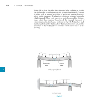 308	 Chapter 8   Deflections
8
Being able to draw the deflection curve also helps engineers in locating
the steel needed to reinforce a concrete beam, column, or wall. Concrete
is rather weak in tension, so regions of a concrete structural member
where tensile stresses are developed are reinforced with steel bars, called
reinforcing rods. These rods prevent or control any cracking that may
occur within these regions. Examples of the required placement of
reinforcing steel in two beams is shown in Fig. 8–5. Notice how each
member deflects under the load, how the internal moment acts, and the
placement of the steel needed to resist the tensile stress caused by the
bending.
reinforcing
steel
tension
cracks
simply supported beam
overhang beam
Fig. 8–5
 