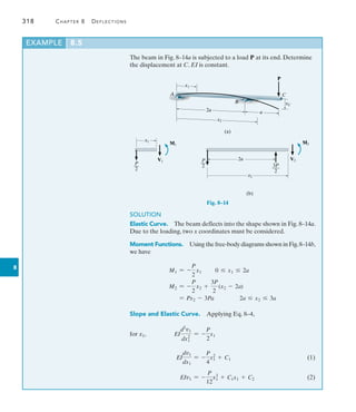 318	 Chapter 8   Deflections
8
Example	 8.5
The beam in Fig. 8–14a is subjected to a load P at its end. Determine
the displacement at C. EI is constant.
SOLUTION
Elastic Curve.  The beam deflects into the shape shown in Fig. 8–14a.
Due to the loading, two x coordinates must be considered.
Moment Functions.  Using the free-body diagrams shown in Fig.8–14b,
we have
M1 = -
P
2
x1 0 … x1 … 2a
M2 = -
P
2
x2 +
3P
2
(x2 - 2a)
= Px2 - 3Pa 2a … x2 … 3a
Slope and Elastic Curve.  Applying Eq. 8–4,
for x1,	 EI
d2
v1
dx2
1
= -
P
2
x1
	 EI
dv1
dx1
= -
P
4
x2
1 + C1(1)
	 EIv1 = -
P
12
x3
1 + C1x1 + C2(2)
x2
A
P
C
B
2a a
x1
(a)
vC
x1
P
__
2
V1
M1
V2
M2
x2
P
––
2 3P
___
2
2a
(b)
x1
P
__
2
V1
M1
V2
M2
x2
P
––
2 3P
___
2
2a
(b)
Fig. 8–14
 