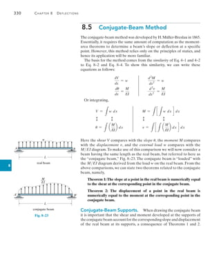 330	 Chapter 8   Deflections
8
8.5  Conjugate-Beam Method
The conjugate-beam method was developed by H.Müller-Breslau in 1865.
Essentially, it requires the same amount of computation as the moment-
area theorems to determine a beam’s slope or deflection at a specific
point. However, this method relies only on the principles of statics, and
hence its application will be more familiar.
The basis for the method comes from the similarity of Eq. 4–1 and 4–2
to Eq. 8–2 and Eq. 8–4. To show this similarity, we can write these
equations as follows:
dV
dx
= w
du
dx
=
M
EI
4
d2
M
dx2
= w
d2
v
dx2
=
M
EI
Or integrating,
V =
L
w dx
D D
u =
L
a
M
EI
b dx
5
M =
L
c
L
w dx d dx
D D
v =
L
c
L
a
M
EI
b dx d dx
Here the shear V compares with the slope u, the moment M compares
with the displacement v, and the external load w compares with the
MEI diagram.To make use of this comparison we will now consider a
beam having the same length as the real beam, but referred to here as
the “conjugate beam,” Fig. 8–23. The conjugate beam is “loaded” with
the MEI diagram derived from the load w on the real beam. From the
above comparisons, we can state two theorems related to the conjugate
beam, namely,
Theorem 1:The slope at a point in the real beam is numerically equal
to the shear at the corresponding point in the conjugate beam.
Theorem 2: The displacement of a point in the real beam is
numerically equal to the moment at the corresponding point in the
conjugate beam.
Conjugate-Beam Supports.  When drawing the conjugate beam
it is important that the shear and moment developed at the supports of
theconjugatebeamaccountforthecorrespondingslopeanddisplacement
of the real beam at its supports, a consequence of Theorems 1 and 2.
L
A B
w
real beam
L
A¿ B¿
conjugate beam
M
___
EI
Fig. 8–23
 