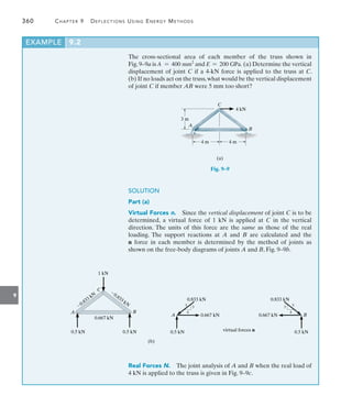 9
360	 Chapter 9   Deflections Using Energy Methods
The cross-sectional area of each member of the truss shown in
Fig.9–9a is A = 400 mm2
and E = 200 GPa. (a) Determine the vertical
displacement of joint C if a 4-kN force is applied to the truss at C.
(b) If no loads act on the truss,what would be the vertical displacement
of joint C if member AB were 5 mm too short?
3 m
4 kN
C
A
B
4 m 4 m
(a)
Fig. 9–9
SOLUTION
Part (a)
Virtual Forces n.  Since the vertical displacement of joint C is to be
determined, a virtual force of 1 kN is applied at C in the vertical
direction. The units of this force are the same as those of the real
loading. The support reactions at A and B are calculated and the
n force in each member is determined by the method of joints as
shown on the free-body diagrams of joints A and B, Fig. 9–9b.
EXAMPLE 9.2
1 kN
C
A B

0.833 kN
(b)

0.833 kN
0.667 kN
0.5 kN 0.5 kN
A
0.833 kN
0.5 kN
0.667 kN
4
3
5
0.833 kN
0.667 kN
0.5 kN
B
4
3 5
virtual forces n
Real Forces N.  The joint analysis of A and B when the real load of
4 kN is applied to the truss is given in Fig. 9–9c.
 