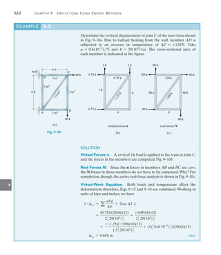 362	 Chapter 9   Deflections Using Energy Methods
9
Determine the vertical displacement of joint C of the steel truss shown
in Fig. 9–10a. Due to radiant heating from the wall, member AD is
subjected to an increase in temperature of T = +120F. Take
a = 0.6(10-5
)F and E = 29(103
) ksi. The cross-sectional area of
each member is indicated in the figure.
EXAMPLE 9.3
80 k
2 in2
1
.
5
i
n
2
2 in2
wall
2 in2
2 in2
60 k
8 ft
D
C
B
A
(a)
6 ft
Fig. 9–10
0.75 k
virtual forces n
(b)
0.75 k
1 k 1 k
1 k

1
.
2
5
k
0
0
0.75 k
120 k
real forces N
(c)
120 k
80 k
60 k
80 k

1
0
0
k
80 k
0
60 k
80 k
SOLUTION
Virtual Forces n.  A vertical 1-k load is applied to the truss at joint C,
and the forces in the members are computed, Fig. 9–10b.
Real Forces N.  Since the n forces in members AB and BC are zero,
the N forces in these members do not have to be computed. Why? For
completion, though, the entire real-force analysis is shown in Fig. 9–10c.
Virtual-Work Equation.  Both loads and temperature affect the
deformation; therefore, Eqs. 9–15 and 9–16 are combined. Working in
units of kips and inches, we have
1 # Cv
= a
nNL
AE
+ na T L
=
(0.75)(120)(6)(12)
2329(103
)4
+
(1)(80)(8)(12)
2329(103
)4
+
(-1.25)(-100)(10)(12)
1.5329(103
)4
+ (1)30.6(10-5
)4(120)(8)(12)
Cv
= 0.658 in. Ans.
 