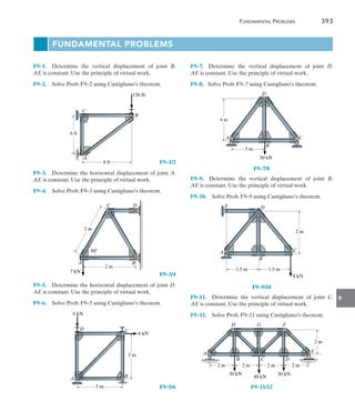 Fundamental Problems	 393
9
F9–7.  Determine the vertical displacement of joint D.
AE is constant. Use the principle of virtual work.
F9–8.  Solve Prob. F9–7 using Castigliano’s theorem.
C
A
B
D
3 m
P
N1
F9–7/8
F9–9.  Determine the vertical displacement of joint B.
AE is constant. Use the principle of virtual work.
F9–10.  Solve Prob. F9–9 using Castigliano’s theorem.
2 m
8 kN
E
A
D
B
C
1.5 m 1.5 m
F9–9/10
F9–11.  Determine the vertical displacement of joint C.
AE is constant. Use the principle of virtual work.
F9–12.  Solve Prob. F9–11 using Castigliano’s theorem.
H
C D
B
E
A
G F
2 m
2 m 2 m 2 m
40 kN
30 kN 30 kN
2 m
F9–11/12
Fundamental Problems
F9–1.  Determine the vertical displacement of joint B.
AE is constant. Use the principle of virtual work.
F9–2.  Solve Prob. F9–2 using Castigliano’s theorem.
	
A
B
C
8 ft
6 ft
150 lb
 F9–1/2
F9–3.  Determine the horizontal displacement of joint A.
AE is constant. Use the principle of virtual work.
F9–4.  Solve Prob. F9–3 using Castigliano’s theorem.
	
C
A B
D
2 m
7 kN
2 m
60
 F9–3/4
F9–5.  Determine the horizontal displacement of joint D.
AE is constant. Use the principle of virtual work.
F9–6.  Solve Prob. F9–5 using Castigliano’s theorem.
	
3 m
6 kN
A
D
B
C
3 m
6 kN
 F9–5/6
 