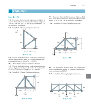 9
	Problems	 395
Sec. 9.1–9.6
9–1.  Determine the horizontal displacement of joint C.
Assume the members are pin connected at their end points.
Take A = 200 mm2
, and E = 200 GPa for each member. Use
the method of virtual work.
9–2.  Solve Prob. 9–1 using Castigliano’s theorem.
D
C
B
4 m
A
3 m
8 kN
3 m
Probs. 9–1/2
9–3.  Use the method of virtual work and determine the
vertical displacement of point A. Each steel member has a
cross-sectional area of 400 mm2
, E = 200 GPa.
*9–4.  Solve Prob. 9–3 using Castigliano’s theorem.
9–5.  Use the method of virtual work and determine the
vertical displacement of point B. Each A-36 steel member
has a cross-sectional area of 400 mm2
, E = 200 GPa.
9–6.  Solve Prob. 9–5 using Castigliano’s theorem.
D
C
B
2 m
A
1.5 m
E
30 kN
20 kN
1.5 m
Probs. 9–3/4/5/6
9–7.  Determine the vertical displacement of joint A. Each
bar is made of steel and has the cross-sectional area shown.
Take E = 29(103
) ksi. Use the method of virtual work.
*9–8.  Solve Prob. 9–7 using Castigliano’s theorem.
6 k
6 k
A
B
C
E D
4 ft
4 ft
4 ft
3 in.2
2 in.2
2 in.2
2 in.2
3 in.2
3 in.2
3 in.2
Probs. 9–7/8
9–9.  Use the method of virtual work and determine the
vertical displacement of joint H. Each steel member has a
cross-sectional area of 4.5 in2.
9–10.  Solve Prob. 9–9 using Castigliano’s theorem.
E
9 ft
A
I
B
12 ft
H
C
G
D
6 kip
12 ft
12 ft
12 ft
8 kip
6 kip
F
J
Probs. 9–9/10
PROBLEMS
 