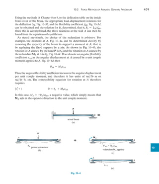 10.2 Force Method of Analysis: General Procedure	 409
10
Using the methods of Chapter 8 or 9, or the deflection table on the inside
front cover of the book, the appropriate load-displacement relations for
the deflection B, Fig. 10–3b, and the flexibility coefficient fBB, Fig. 10–3d,
can be obtained and the solution for By determined, that is, By = BfBB.
Once this is accomplished, the three reactions at the wall A can then be
found from the equations of equilibrium.
As stated previously, the choice of the redundant is arbitrary. For
example, the moment at A, Fig. 10–4a, can be determined directly by
removing the capacity of the beam to support a moment at A, that is,
by  replacing the fixed support by a pin. As shown in Fig. 10–4b, the
rotation at A caused by the load P is uA, and the rotation at A caused by
the redundant MA at A is uAA
=
,Fig.10–4c.If we denote an angular flexibility
coefficient aAA as the angular displacement at A caused by a unit couple
moment applied to A, Fig. 10–4d, then
uAA
=
= MAaAA
Thus,theangularflexibilitycoefficientmeasurestheangulardisplacement
per unit couple moment, and therefore it has units of radN # m or
radlb # ft, etc. The compatibility equation for rotation at A therefore
requires
(c+ )	 0 = uA + MAaAA
In this case, MA = -uAaAA, a negative value, which simply means that
MA acts in the opposite direction to the unit couple moment.
P
A
B
actual beam
(a)

Fig. 10–4
P
A
B
primary structure
(b)
uA
A B
redundant MA applied
(c)
u¿AA  MAaAA
MA

A B
(d)
1
aAA
 