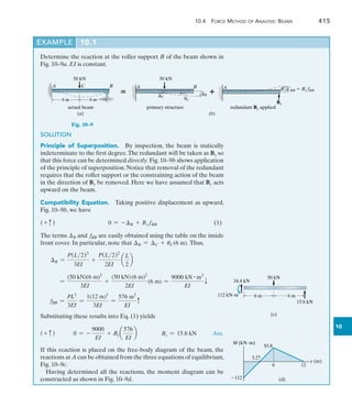 10.4 Force Method of Analysis: Beams	 415
10
EXAMPLE 10.1
Determine the reaction at the roller support B of the beam shown in
Fig. 10–9a. EI is constant.
(a)
50 kN
6 m
6 m
actual beam
C
A B

(b)
50 kN
A B

primary structure
B
C
uC
A B
redundant By applied
¿BB  By fBB
By
Fig. 10–9
SOLUTION
Principle of Superposition.  By inspection, the beam is statically
indeterminate to the first degree.The redundant will be taken as By so
that this force can be determined directly. Fig. 10–9b shows application
of the principle of superposition.Notice that removal of the redundant
requires that the roller support or the constraining action of the beam
in the direction of By be removed. Here we have assumed that By acts
upward on the beam.
Compatibility Equation.  Taking positive displacement as upward,
Fig. 10–9b, we have
(+ c )	 0 = -B + By fBB	(1)
The terms B and fBB are easily obtained using the table on the inside
front cover. In particular, note that B = C + uC(6 m). Thus,
	 B =
P(L2)3
3EI
+
P(L2)2
2EI
a
L
2
b
=
(50 kN)(6 m)3
3EI
+
(50 kN)(6 m)2
2EI
(6 m) =
9000 kN # m3
EI
T
	 fBB =
PL3
3EI
=
1(12 m)3
3EI
=
576 m3
EI
c
Substituting these results into Eq. (1) yields
(+ c )	 0 = -
9000
EI
+ Bya
576
EI
b	 By = 15.6 kN	 Ans.
If this reaction is placed on the free-body diagram of the beam, the
reactions at A can be obtained from the three equations of equilibrium,
Fig. 10–9c.
Having determined all the reactions, the moment diagram can be
constructed as shown in Fig. 10–9d.
6 m 6 m
50 kN
112 kNm
34.4 kN
15.6 kN
(c)
(d)
M (kNm)
112
6
3.27
12
x (m)
93.8
 