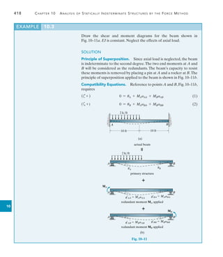 418	 Chapter 10  Analysis of Statically Indeterminate Structures by the Force Method
10
Draw the shear and moment diagrams for the beam shown in
Fig. 10–11a. EI is constant. Neglect the effects of axial load.
SOLUTION
Principle of Superposition.  Since axial load is neglected, the beam
is indeterminate to the second degree.The two end moments at A and
B will be considered as the redundants. The beam’s capacity to resist
these moments is removed by placing a pin at A and a rocker at B.The
principle of superposition applied to the beam is shown in Fig. 10–11b.
Compatibility Equations.  Reference to points A and B,Fig.10–11b,
requires
(c+ )	 0 = uA + MAaAA + MBaAB(1)
(a+)	 0 = uB + MAaBA + MBaBB(2)
EXAMPLE 10.3
A B
10 ft 10 ft
(a)
2 k/ft
Fig. 10–11
u¿BB  MBaBB
actual beam

A B
primary structure
2 k/ft

uA
uB
A B
redundant moment MB applied
A B
redundant moment MA applied

u¿AA  MAaAA
u¿AB  MBaAB
u¿BA  MAaBA
MB
MA
(b)
 