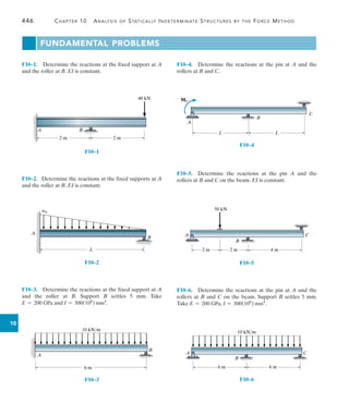 446	 Chapter 10  Analysis of Statically Indeterminate Structures by the Force Method
10
FUNDAMENTAL PROBLEMS
F10–1.  Determine the reactions at the fixed support at A
and the roller at B. EI is constant.
2 m
A B
40 kN
2 m
F10–1
F10–2.  Determine the reactions at the fixed supports at A
and the roller at B. EI is constant.
L
A
w0
B
F10–2
F10–3.  Determine the reactions at the fixed support at A
and the roller at B. Support B settles 5 mm. Take
E = 200 GPa and I = 300(106
) mm4
.
6 m
10 kN/m
A
B
F10–3
F10–4.  Determine the reactions at the pin at A and the
rollers at B and C.
A
B
C
L L
M0
F10–4
F10–5.  Determine the reactions at the pin A and the
rollers at B and C on the beam. EI is constant.
A
B
C
50 kN
4 m
2 m
2 m
F10–5
F10–6.  Determine the reactions at the pin at A and the
rollers at B and C on the beam. Support B settles 5 mm.
Take E = 200 GPa, I = 300(106
) mm4
.
A
B
C
6 m
6 m
10 kN/m
F10–6
 