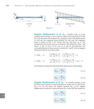464	 Chapter 11   Displacement Method of Analysis: Slope-Deflection Equations
11
A B
real beam
uA
MAB
L
(a)
MBA
conjugate beam
(b)
A¿ B¿
MAB
____
EI
MBA
____
EI
V¿A  uA
Fig. 11–3
Angular Displacement at A, UA.  Consider node A of the
member shown in Fig. 11–3a to rotate uA while its far-end node B is held
fixed.To determine the moment MAB needed to cause this displacement,
we will use the conjugate-beam method. For this case the conjugate
beam is shown in Fig. 11–3b. Notice that the end shear at A  acts
downward on the beam, since uA is clockwise.The deflection of the “real
beam” in Fig. 11–3a is to be zero at A and B, and therefore the
corresponding sum of the moments at each end A  and B of the conjugate
beam must also be zero.This yields
a+MA = 0;   c
1
2
a
MAB
EI
bL d
L
3
- c
1
2
a
MBA
EI
bL d
2L
3
= 0
a+MB = 0;   c
1
2
a
MBA
EI
bL d
L
3
- c
1
2
a
MAB
EI
bL d
2L
3
+ uAL = 0
from which we obtain the following load-displacement relationships.
MAB =
4EI
L
uA 	(11–1)
MBA =
2EI
L
uA	(11–2)
Angular Displacement at B, UB.  In a similar manner, if end
B of the beam rotates to its final position uB, while end A is held fixed,
Fig. 11–4, we can relate the applied moment MBA to the angular
displacement uB and the reaction moment MAB at the wall.The results are
MBA =
4EI
L
uB	 	(11–3)
MAB =
2EI
L
uB	 	(11–4)
 