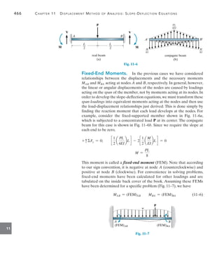 466	 Chapter 11   Displacement Method of Analysis: Slope-Deflection Equations
11
P
A B
V
M
V
M
real beam
(a)
L
__
2
L
__
2
Fig. 11–6
conjugate beam
(b)
PL
___
4EI
A¿ B¿
M
___
EI
M
___
EI
Fixed-End Moments.  In the previous cases we have considered
relationships between the displacements and the necessary moments
MAB and MBA acting at nodes A and B, respectively. In general, however,
the linear or angular displacements of the nodes are caused by loadings
acting on the span of the member, not by moments acting at its nodes. In
order to develop the slope-deflection equations, we must transform these
span loadings into equivalent moments acting at the nodes and then use
the load-displacement relationships just derived. This is done simply by
finding the reaction moment that each load develops at the nodes. For
example, consider the fixed-supported member shown in Fig. 11–6a,
which is subjected to a concentrated load P at its center. The conjugate
beam for this case is shown in Fig. 11–6b. Since we require the slope at
each end to be zero,
+ cFy = 0;  c
1
2
a
PL
4EI
bL d - 2c
1
2
a
M
EI
bL d = 0
M =
PL
8
This moment is called a fixed-end moment (FEM). Note that according
to our sign convention, it is negative at node A (counterclockwise) and
positive at node B (clockwise). For convenience in solving problems,
fixed-end moments have been calculated for other loadings and are
tabulated on the inside back cover of the book. Assuming these FEMs
have been determined for a specific problem (Fig. 11–7), we have
MAB = (FEM)AB MBA = (FEM)BA	(11–6)
A
w
P
(FEM)AB
B
(FEM)BA
Fig. 11–7
 