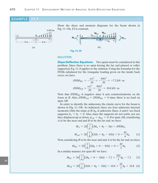 470	 Chapter 11   Displacement Method of Analysis: Slope-Deflection Equations
11
Draw the shear and moment diagrams for the beam shown in
Fig. 11–10a. EI is constant.
SOLUTION
Slope-Deflection Equations.  Two spans must be considered in this
problem. Since there is no span having the far end pinned or roller
supported, Eq. 11–8 applies to the solution. Using the formulas for the
FEMs tabulated for the triangular loading given on the inside back
cover, we have
(FEM)BC = -
wL2
30
= -
6(6)2
30
= -7.2 kN # m
(FEM)CB =
wL2
20
=
6(6)2
20
= 10.8 kN # m
Note that (FEM)BC is negative since it acts counterclockwise on the
beam at B. Also, (FEM)AB = (FEM)BA = 0 since there is no load on
span AB.
In order to identify the unknowns, the elastic curve for the beam is
shown in Fig. 11–10b. As indicated, there are four unknown internal
moments. Only the slope at B, uB, is unknown. Since A and C are fixed
supports, uA = uC = 0. Also, since the supports do not settle, nor are
they displaced up or down, cAB = cBC = 0. For span AB, considering
A to be the near end and B to be the far end, we have
   MN = 2Ea
I
L
b(2uN + uF - 3c) + (FEM)N
MAB = 2Ea
I
8
b[2(0) + uB - 3(0)] + 0 =
EI
4
uB   
(1)
Now, considering B to be the near end and A to be the far end, we have
MBA = 2Ea
I
8
b[2uB + 0 - 3(0)] + 0 =
EI
2
uB	(2)
In a similar manner, for span BC we have
MBC = 2Ea
I
6
b[2uB + 0 - 3(0)] - 7.2 =
2EI
3
uB - 7.2  (3)
MCB = 2Ea
I
6
b[2(0) + uB - 3(0)] + 10.8 =
EI
3
uB + 10.8  (4)
EXAMPLE 11.1
A B
(a)
8 m 6 m
C
6 kN/m
A B
C
MBA
MBC
uB
uB
MCB
MAB
(b)
Fig. 11–10
 