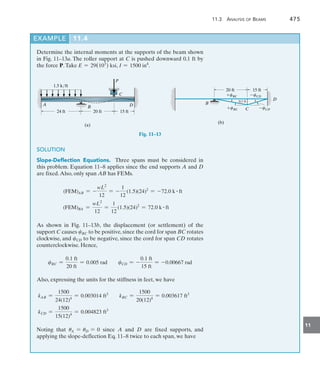 11.3 Analysis of Beams	 475
11
Determine the internal moments at the supports of the beam shown
in Fig. 11–13a. The roller support at C is pushed downward 0.1 ft by
the force P.Take E = 29(103
) ksi, I = 1500 in4
.
24 ft
A
B
C
(a)
20 ft 15 ft
D
1.5 k/ft
P
			 Fig. 11–13
SOLUTION
Slope-Deflection Equations.  Three spans must be considered in
this problem. Equation 11–8 applies since the end supports A and D
are fixed.Also, only span AB has FEMs.
  (FEM)AB = -
wL2
12
= -
1
12
(1.5)(24)2
= -72.0 k # ft
(FEM)BA =
wL2
12
=
1
12
(1.5)(24)2
= 72.0 k # ft
As shown in Fig. 11–13b, the displacement (or settlement) of the
support C causes cBC to be positive, since the cord for span BC rotates
clockwise, and cCD to be negative, since the cord for span CD rotates
counterclockwise. Hence,
cBC =
0.1 ft
20 ft
= 0.005 rad cCD = -
0.1 ft
15 ft
= -0.00667 rad
Also, expressing the units for the stiffness in feet, we have
kAB =
1500
24(12)4
= 0.003014 ft3
kBC =
1500
20(12)4
= 0.003617 ft3
kCD =
1500
15(12)4
= 0.004823 ft3
Noting that uA = uD = 0 since A and D are fixed supports, and
applying the slope-deflection Eq. 11–8 twice to each span, we have
EXAMPLE 11.4
C
B
0.1 ft
cCD
cCD
cBC
cBC
(b)
20 ft 15 ft
D
 