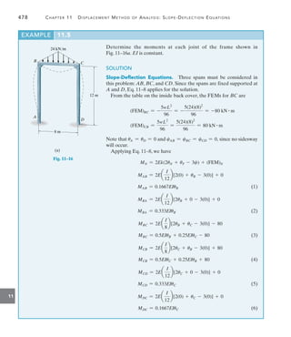478	 Chapter 11   Displacement Method of Analysis: Slope-Deflection Equations
11
Determine the moments at each joint of the frame shown in
Fig. 11–16a. EI is constant.
SOLUTION
Slope-Deflection Equations.  Three spans must be considered in
this problem: AB, BC, and CD. Since the spans are fixed supported at
A and D, Eq. 11–8 applies for the solution.
From the table on the inside back cover, the FEMs for BC are
(FEM)BC = -
5wL2
96
= -
5(24)(8)2
96
= -80 kN # m
(FEM)CB =
5wL2
96
=
5(24)(8)2
96
= 80 kN # m
Note that uA = uD = 0 and cAB = cBC = cCD = 0, since no sidesway
will occur.
Applying Eq. 11–8, we have
MN = 2Ek(2uN + uF - 3c) + (FEM)N
MAB = 2Ea
I
12
b[2(0) + uB - 3(0)] + 0
	 MAB = 0.1667EIuB(1)
MBA = 2Ea
I
12
b[2uB + 0 - 3(0)] + 0
	 MBA = 0.333EIuB(2)
MBC = 2Ea
I
8
b[2uB + uC - 3(0)] - 80
	 MBC = 0.5EIuB + 0.25EIuC - 80(3)
MCB = 2Ea
I
8
b[2uC + uB - 3(0)] + 80
	 MCB = 0.5EIuC + 0.25EIuB + 80(4)
MCD = 2Ea
I
12
b[2uC + 0 - 3(0)] + 0
MCD = 0.333EIuC(5)
MDC = 2Ea
I
12
b[2(0) + uC - 3(0)] + 0
MDC = 0.1667EIuC(6)
B
24 kN/m
C
A
D
8 m
12 m
(a)
Fig. 11–16
EXAMPLE 11.5
 