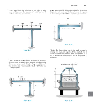 Problems	 493
11
11–19.  Determine the moment at B,then draw the moment
diagram for each member of the frame.Assume the supports
at A and C are pinned and B is a fixed joint. EI is constant.
6 ft 8 ft
12 ft
B C
A
2 k
Prob. 11–19
*11–20.  The frame at the rear or the truck is made by
welding pipe segments together. If the applied load is
1500 lb, determine the moments at the fixed joints B, C, D,
and E. Assume the supports at A and F are pinned. EI
is constant.
D
C
B
A
E
1500 lb
1.5 ft 1 ft 1 ft 1.5 ft
2 ft
4 ft
F
Prob. 11–20
11–17.  Determine the moments at the ends of each
member of the frame. The supports at A and C and joint B
are fixed connected. EI is constant.
C
4 kN
8 kN
3 kN
3 m 3 m 3 m
6 m
A B
D
Prob. 11–17
11–18.  When the 15 kN/m load is applied to the three-
member frame the support at D settles 10 mm. Determine
the moment acting at each of the fixed supports A, C, and D.
The members are pin connected at B, E = 200 GPa, and
I = 800(106) mm4.
A
D
C
B
3 m
3 m
4 m
15 kN/m
Prob. 11–18
 