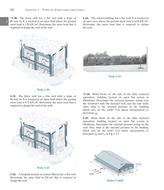 32	 Chapter 1  Types of Structures and Loads
1
1–23.  The school building has a flat roof. It is located in
an open area where the ground snow load is 0.68 kNm2.
Determine the snow load that is required to design
the roof.
Prob. 1–23
*1–24.  Wind blows on the side of the fully enclosed
agriculture building located on open flat terrain in
Oklahoma. Determine the external pressure acting over
the windward wall, the leeward wall, and the side walls.
Also, what is the internal pressure in the building
which acts on the walls? Use linear interpolation to
determine qh.
1–25.  Wind blows on the side of the fully enclosed
agriculture building located on open flat terrain in
Oklahoma. Determine the external pressure acting on the
roof. Also, what is the internal pressure in the building
which acts on the roof? Use linear interpolation to
determine qh and Cp in Fig. 1–13.
100 ft
50 ft
wind
A
B
C
D
15 ft
10
Probs. 1–24/25
*1–20.  The horse stall has a flat roof with a slope of
80 mmm. It is located in an open field where the ground
snow load is 1.20 kNm2. Determine the snow load that is
required to design the roof of the stall.
Prob. 1–20
1–21.  The horse stall has a flat roof with a slope of
80 mmm. lt is located in an open field where the ground
snow load is 0.72 kNm2. Determine the snow load that is
required to design the roof of the stall.
.
Prob. 1–21
1–22.  A hospital located in central Illinois has a flat roof.
Determine the snow load in kNm2 that is required to
design the roof.
 
