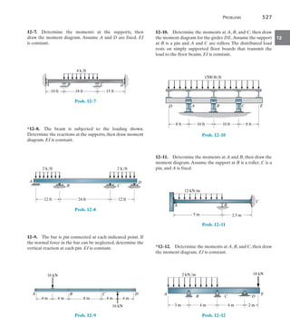 Problems	 527
12
12–10.  Determine the moments at A, B, and C, then draw
the moment diagram for the girder DE.Assume the support
at B is a pin and A and C are rollers. The distributed load
rests on simply supported floor boards that transmit the
load to the floor beams. EI is constant.
1500 lb/ft
8 ft 10 ft 10 ft 8 ft
D A B C E
Prob. 12–10
12–11.  Determine the moments at A and B, then draw the
moment diagram.Assume the support at B is a roller, C is a
pin, and A is fixed.
A
5 m 2.5 m
B
C
12 kN/m
Prob. 12–11
*12–12.  Determine the moments at A, B, and C, then draw
the moment diagram. EI is constant.
3 m 4 m 4 m 2 m
2 kN/m
A
B C D
E
18 kN
Prob. 12–12
12–7.  Determine the moments at the supports, then
draw the moment diagram. Assume A and D are fixed. EI
is constant.
10 ft 18 ft 15 ft
4 k/ft
A B C D
Prob. 12–7
*12–8.  The beam is subjected to the loading shown.
Determine the reactions at the supports, then draw moment
diagram. EI is constant.
12 ft 12 ft
24 ft
2 k/ft 2 k/ft
B
A
C
D
Prob. 12–8
12–9.  The bar is pin connected at each indicated point. If
the normal force in the bar can be neglected, determine the
vertical reaction at each pin. EI is constant.
16 kN
16 kN
4 m 4 m 4 m 4 m
8 m
A B C D
Prob. 12–9
 