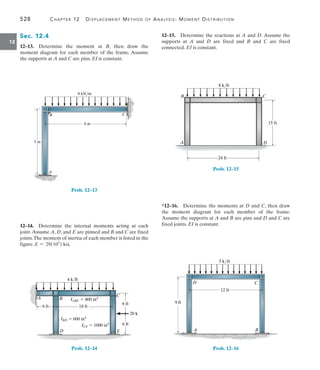 528	 Chapter 12   Displacement Method of Analysis: Moment Distribution
12
12–15.  Determine the reactions at A and D. Assume the
supports at A and D are fixed and B and C are fixed
connected. EI is constant.
8 k/ft
A
B C
D
15 ft
24 ft
Prob. 12–15
*12–16.  Determine the moments at D and C, then draw
the moment diagram for each member of the frame.
Assume the supports at A and B are pins and D and C are
fixed joints. EI is constant.
B
C
D
A
12 ft
9 ft
5 k/ft
Prob. 12–16
Sec. 12.4
12–13.  Determine the moment at B, then draw the
moment diagram for each member of the frame. Assume
the supports at A and C are pins. EI is constant.
B C
A
6 m
5 m
8 kN/m
Prob. 12–13
12–14.  Determine the internal moments acting at each
joint.Assume A, D, and E are pinned and B and C are fixed
joints.The moment of inertia of each member is listed in the
figure. E = 29(103
) ksi.
4 k/ft
6 ft 18 ft
A B
C
D E
IABC  800 in4
IBD  600 in4
ICE  1000 in4
6 ft
6 ft
20 k
Prob. 12–14
 