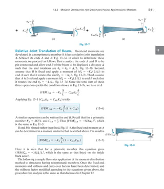 13.2 Moment Distribution for Structures Having Nonprismatic Members	 541
13
Relative Joint Translation of Beam.  Fixed-end moments are
developed in a nonprismatic member if it has a relative joint translation
 between its ends A and B, Fig. 13–7a. In order to determine these
moments, we proceed as follows. First consider the ends A and B to be
pin connected and allow end B of the beam to be displaced a distance 
such that the end rotations are uA = uB = L, Fig. 13–7b. Second,
assume that B is fixed and apply a moment of MA
=
= -KA (L) to
end A such that it rotates the end uA = -L, Fig. 13–7c.Third, assume
that A is fixed and apply a moment MB
=
= -KB(L) to end B such that
it rotates the end uB = -L, Fig. 13–7d. Since the total sum of these
three operations yields the condition shown in Fig. 13–7a, we have at A
(FEM)AB = -KA

L
- CBA KB

L
Applying Eq. 13–1 (CBA KB = CABKA ) yields
	 (FEM)AB = -KA

L
(1 + CAB ) 	(13–6)
A similar expression can be written for end B. Recall that for a prismatic
member KA = 4EIL and CAB = 1
2. Thus (FEM)AB = -6EIL2
, which
is the same as Eq. 11–5.
If end B is pinned rather than fixed,Fig.13–8,the fixed-end moment at A
can be determined in a manner similar to that described above.The result is
	 (FEM)AB
=
= -KA

L
(1 - CABCBA ) 	(13–7)
Here it is seen that for a prismatic member this equation gives
(FEM)AB
=
= -3EIL2
, which is the same as that listed on the inside
back cover.
The following example illustrates application of the moment-distribution
method to structures having nonprismatic members. Once the fixed-end
moments and stiffness and carry-over factors have been determined, and
the stiffness factor modified according to the equations given above, the
procedure for analysis is the same as that discussed in Chapter 12.

A
B
(d)

CBAKB
__
L

KB
__
L

uB  __
L

CABKA
__
L

KA
__
L

uA  __
L
B
A
(c)

Fig. 13–7
(FEM)¿
AB

B
A
L
Fig. 13–8
 