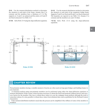 Chapter Review	 547
13
13–9.  Use the moment-distribution method to determine
the moment at each joint of the frame. Assume that E is
constant and the members have a thickness of 1 ft. The
supports at A and C are pinned and the joints at B and D
are fixed connected. Use Table 13.1.
13–10.  Solve Prob.13–9 using the slope-deflection equations.
A
B C
D
6 k
9 ft 12 ft
1 ft
1 ft 1 ft
6 ft
9 ft
6 k
20 ft
2.5 ft
2.5 ft
6 ft
Probs. 13–9/10
13–11.  Use the moment-distribution method to determine
the moment at each joint of the symmetric bridge frame.
Supports F and E are fixed and B and C are fixed connected.
The haunches are tapered so use Table 13.2. Assume E is
constant and the members are each 1 ft thick.
*13–12.  Solve Prob. 13–11 using the slope-deflection
equations.
4 ft
3 ft
2 ft
2 ft
30 ft
30 ft 30 ft 30 ft
3 ft
D
C
B
E F
A
2 k/ft
40 ft
40 ft 40 ft
12 ft
Probs. 13–11/12
CHAPTER REVIEW
Non-prismatic members having a variable moment of inertia are often used on long-span bridges and building frames to
save material.
A structural analysis using non-prismatic members can be performed using either the slope-deflection equations or
moment distribution. If this is done, it then becomes necessary to obtain the fixed-end moments, stiffness factors, and carry-
over factors for the member. One way to obtain these values is to use the conjugate beam method, although the work is
somewhat tedious. It is also possible to obtain these values from tabulated data, such as published by the Portland Cement
Association.
If the moment distribution method is used, then the process can be simplified if the stiffness of some of the members is
modified.
 