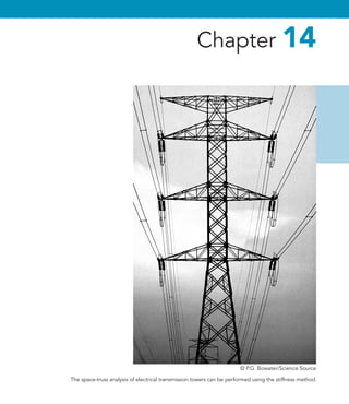 The space-truss analysis of electrical transmission towers can be performed using the stiffness method.
Chapter 14
© P.G. Bowater/Science Source
 