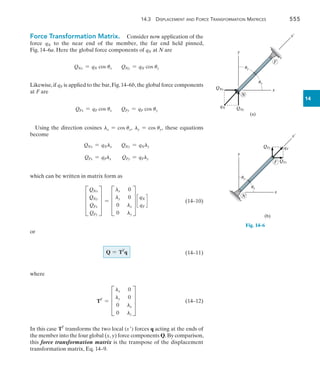 14.3 Displacement and Force Transformation Matrices	 555
14
x
QNy
qN
QNx
y
x¿
F
N
(a)
uy
ux
QFy qF
QFx
x¿
y
F
N
x
uy
(b)
ux
Fig. 14–6
Force Transformation Matrix.  Consider now application of the
force qN to the near end of the member, the far end held pinned,
Fig. 14–6a. Here the global force components of qN at N are
QNx = qN cos ux QNy = qN cos uy
Likewise,if qF is applied to the bar,Fig.14–6b,the global force components
at F are
QFx = qF cos ux QFy = qF cos uy
Using the direction cosines lx = cos ux, ly = cos uy, these equations
become
QNx = qNlx QNy = qNly
QFx = qFlx QFy = qFly
which can be written in matrix form as
D
QNx
QNy
QFx
QFy
T = D
lx 0
ly 0
0 lx
0 ly
T c
qN
qF
d 		 (14–10)
or
Q = TT
q 	(14–11)
where
TT
= D
lx 0
ly 0
0 lx
0 ly
T 	(14–12)
In this case TT
transforms the two local (x) forces q acting at the ends of
the member into the four global (x, y) force components Q.By comparison,
this force transformation matrix is the transpose of the displacement
transformation matrix, Eq. 14–9.
 