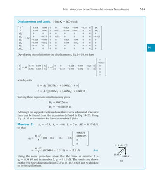 14.6 Application of the Stiffness Method for Truss Analysis	 569
14
2
11.1 kN
8.34 kN
13.9 kN
3
4
5
(c)
Displacements and Loads. Here Q = KD yields
H
0
0
Q3
Q4
Q5
Q6
Q7
Q8
X = AE H
0.378 0.096 0 0 -0.128 -0.096 -0.25 0
0.096 0.405 0 -0.333 -0.096 -0.072 0 0
0 0 0 0 0 0 0 0
0 -0.333 0 0.333 0 0 0 0
-0.128 -0.096 0 0 0.128 0.096 0 0
-0.096 -0.072 0 0 0.096 0.072 0 0
-0.25 0 0 0 0 0 0.25 0
0 0 0 0 0 0 0 0
X H
D1
D2
0
-0.025
0
0
0
0
X
Developing the solution for the displacements, Eq. 14–19, we have
c
0
0
d = AE c
0.378 0.096
0.096 0.405
d c
D1
D2
d + AE c
0 0 -0.128 -0.096 -0.25 0
0 -0.333 -0.096 -0.072 0 0
d F
0
-0.025
0
0
0
0
V
which yields
0 = AE3(0.378D1 + 0.096D2) + 04
	 0 = AE3(0.096D1 + 0.405D2) + 0.008334
Solving these equations simultaneously gives
D1 = 0.00556 m
	 D2 = -0.021875 m
Although the support reactions do not have to be calculated, if needed
they can be found from the expansion defined by Eq. 14–20. Using
Eq. 14–23 to determine the force in member 2 yields
Member 2:  lx = -0.8, ly = -0.6, L = 5 m, AE = 8(103
) kN,
so that
q2 =
8(103
)
5
[0.8 0.6 -0.8 -0.6]D
0.00556
-0.021875
0
0
T
	 =
8(103
)
5
(0.00444 - 0.0131) = -13.9 kN 	 Ans.
Using the same procedure, show that the force in member 1 is
q1 = 8.34 kN and in member 3, q3 = 11.1 kN. The results are shown
on the free-body diagram of joint 2 ,Fig.14–11c,which can be checked
to be in equilibrium.
 