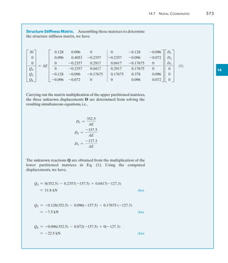 14.7 Nodal Coordinates	 573
14
Structure Stiffness Matrix.  Assembling these matrices to determine
the structure stiffness matrix, we have
F
30
0
0
Q4
Q5
Q6
V = AE F
0.128 0.096 0 0 -0.128 -0.096
0.096 0.4053 -0.2357 -0.2357 -0.096 -0.072
0 -0.2357 0.2917 0.0417 -0.17675 0
0 -0.2357 0.0417 0.2917 0.17675 0
-0.128 -0.096 -0.17675 0.17675 0.378 0.096
-0.096 -0.072 0 0 0.096 0.072
V F
D1
D2
D3
0
0
0
V (1)
Carrying out the matrix multiplication of the upper partitioned matrices,
the three unknown displacements D are determined from solving the
resulting simultaneous equations, i.e.,
D1 =
352.5
AE
	 D2 =
-157.5
AE
	 D3 =
-127.3
AE
The unknown reactions Q are obtained from the multiplication of the
lower partitioned matrices in Eq. (1). Using the computed
displacements, we have,
Q4 = 0(352.5) - 0.2357(-157.5) + 0.0417(-127.3)
	 = 31.8 kN	 Ans.
Q5 = -0.128(352.5) - 0.096(-157.5) - 0.17675 (-127.3)
	 = -7.5 kN	 Ans.
Q6 = -0.096(352.5) - 0.072(-157.5) + 0(-127.3)
	 = -22.5 kN	 Ans.
 