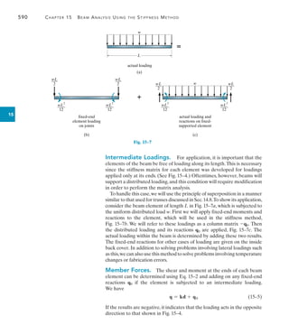 590	 Chapter 15   Beam Analysis Using the Stiffness Method
15
Intermediate Loadings.  For application, it is important that the
elements of the beam be free of loading along its length.This is necessary
since the stiffness matrix for each element was developed for loadings
applied only at its ends. (See Fig. 15–4.) Oftentimes, however, beams will
support a distributed loading,and this condition will require modification
in order to perform the matrix analysis.
To handle this case,we will use the principle of superposition in a manner
similar to that used for trusses discussed in Sec.14.8.To show its application,
consider the beam element of length L in Fig. 15–7a, which is subjected to
the uniform distributed load w. First we will apply fixed-end moments and
reactions to the element, which will be used in the stiffness method,
Fig. 15–7b. We will refer to these loadings as a column matrix -q0. Then
the distributed loading and its reactions q0 are applied, Fig. 15–7c. The
actual loading within the beam is determined by adding these two results.
The fixed-end reactions for other cases of loading are given on the inside
back cover. In addition to solving problems involving lateral loadings such
as this,we can also use this method to solve problems involving temperature
changes or fabrication errors.
Member Forces.  The shear and moment at the ends of each beam
element can be determined using Eq. 15–2 and adding on any fixed-end
reactions q0 if the element is subjected to an intermediate loading.
We have
	 q = kd + q0	(15–5)
If the results are negative, it indicates that the loading acts in the opposite
direction to that shown in Fig. 15–4.
fixed-end
element loading
on joints
(b)
wL
___
2
wL
___
2 wL
___
2
wL
___
2
wL
2
____
12
wL
2
____
12
wL
2
____
12
wL
2
____
12
w
actual loading and
reactions on fixed-
supported element
(c)

Fig. 15–7
L
w
actual loading
(a)

 