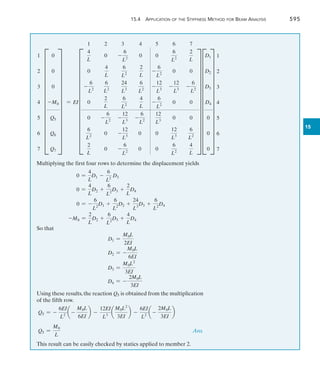 15.4 Application of the Stiffness Method for Beam Analysis	 595
15
1
2
3
4
5
6
7
0
0
0
-M0
Q5
Q6
Q7
= EI
1 2 3 4 5 6 7
4
L
0 -
6
L2
0 0
6
L2
2
L
0
4
L
6
L2
2
L
-
6
L2
0 0
-
6
L2
6
L2
24
L3
6
L2
-
12
L3
-
12
L3
-
6
L2
0
2
L
6
L2
4
L
-
6
L2
0 0
0 -
6
L2
-
12
L3
-
6
L2
12
L3
0 0
6
L2
0 -
12
L3
0 0
12
L3
6
L2
2
L
0 -
6
L2
0 0
6
L2
4
L
D1
D2
D3
D4
0
0
0
1
2
3
4
5
6
7
Multiplying the first four rows to determine the displacement yields
0 =
4
L
D1 -
6
L2
D3
0 =
4
L
D2 +
6
L2
D3 +
2
L
D4
0 = -
6
L2
D1 +
6
L2
D2 +
24
L3
D3 +
6
L2
D4
-M0 =
2
L
D2 +
6
L2
D3 +
4
L
D4
So that
D1 =
M0L
2EI
D2 = -
M0L
6EI
D3 =
M0L2
3EI
D4 = -
2M0L
3EI
Using these results, the reaction Q5 is obtained from the multiplication
of the fifth row.
Q5 = -
6EI
L2
a -
M0L
6EI
b -
12EI
L3
a
M0L2
3EI
b -
6EI
L2
a -
2M0L
3EI
b
Q5 =
M0
L
 Ans.
This result can be easily checked by statics applied to member 2.
I Y I Y I Y
Y
 